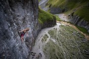 Nicola Taylor cruising her way up Cave Route Right at Gordale Scar.