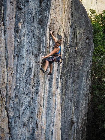 Fia Weis, one of the previous hosts of Camp 2 on Breaking Bad (7c) at the fierce Burnout sector  © Tom Skelhon