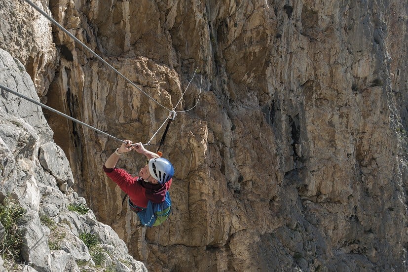 Dan Bailey on the 30m zipwire on the first section of the Via Ferrata (V3A) at Frontales.  © Alan James