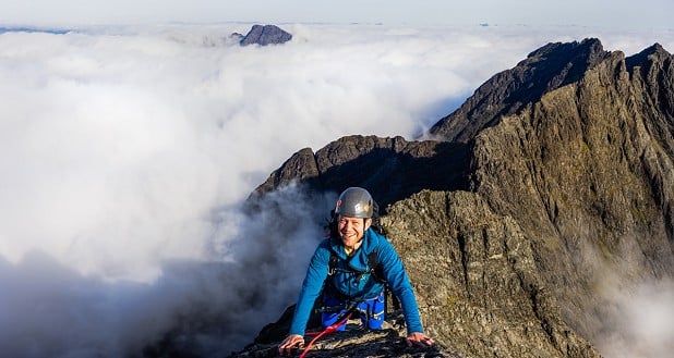 High on the In Pinn with clouds below and Bla Bheinn visible in the distance, ridges don’t get much better than this  © Adrian Trendall