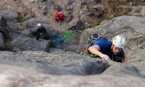 Chris powering his way through Javelin (E1) up to the top of Assagai Wall.