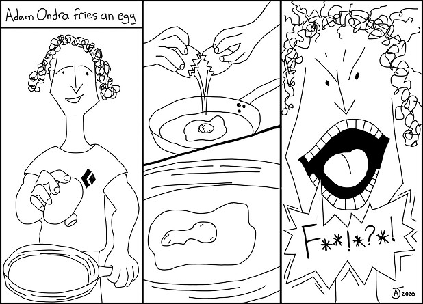 Adam Ondra Fries an Egg - a Pokketz cartoon by Alan James.  © Alan James