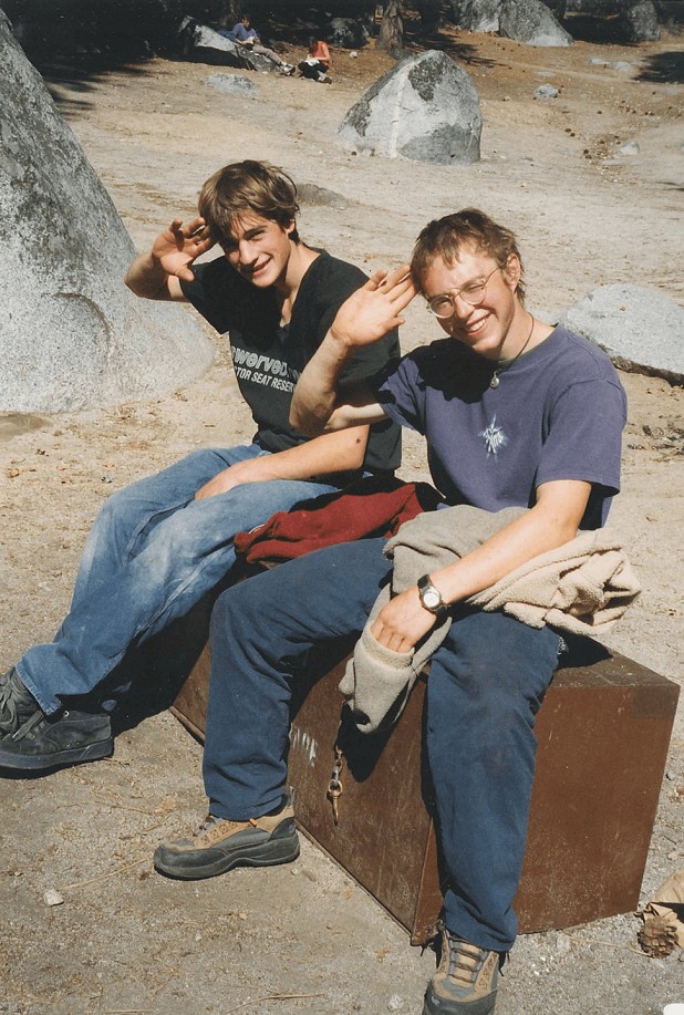 Ben and Patch sat on a bear box in Camp 4  © Ben Bransby Collection
