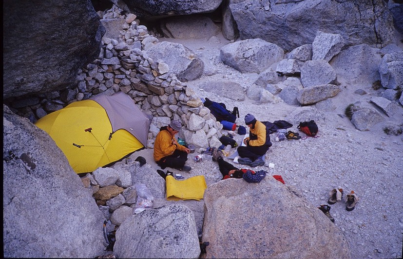 Bean Bowers and Ben Bransby at the Polakos Bivouac on the Torre Valley.  © Ben Bransby Collection