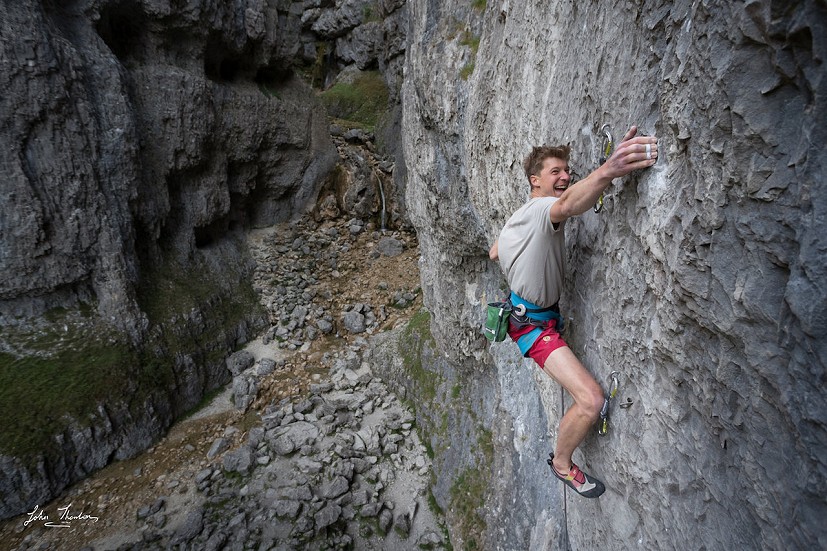 Jerome balances a demanding job with performing at a high level in climbing. Huecool 8b, Gordale.   © John Thornton