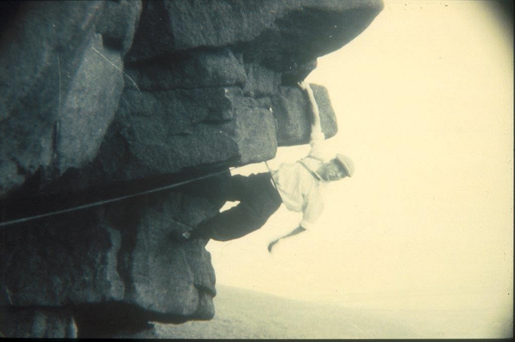 Joe on The Dangler at Stanage Popular. The route is now given E2 5c  © Geoff Birtles
