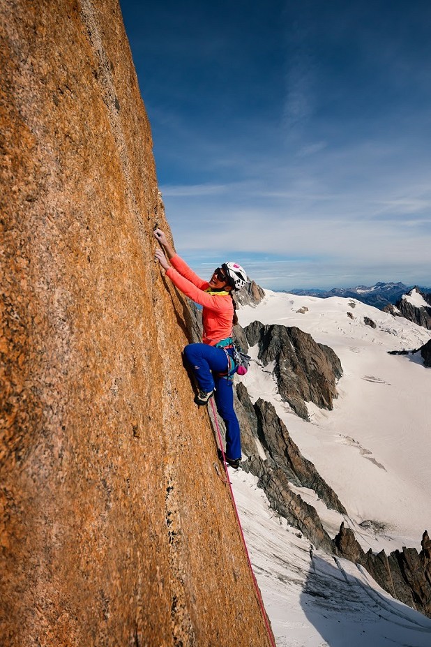 Caro on the first female ascent of the Voie Petit 8b on the Grand Capucin.  © Dark Sky Media