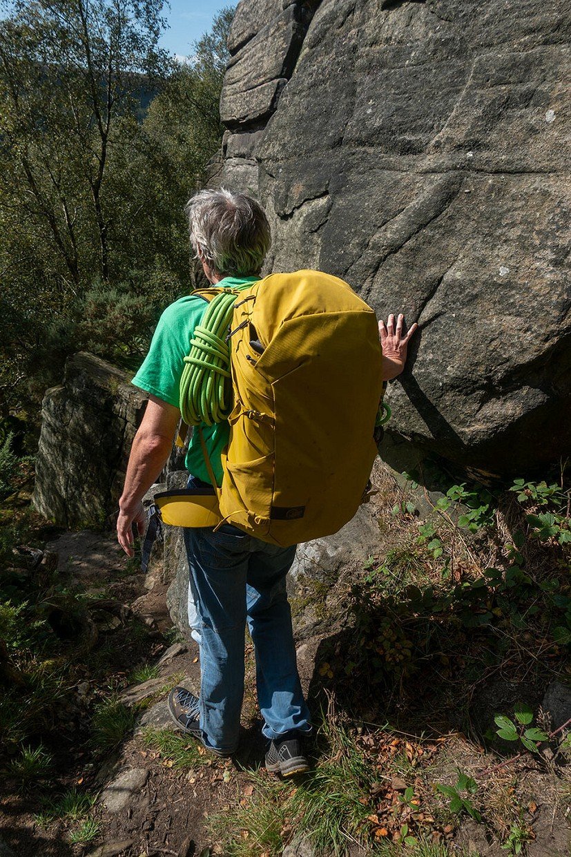 The Lowe Alpine Rogue 48L fully loaded trad climbing at Rivelin  © Nick Brown