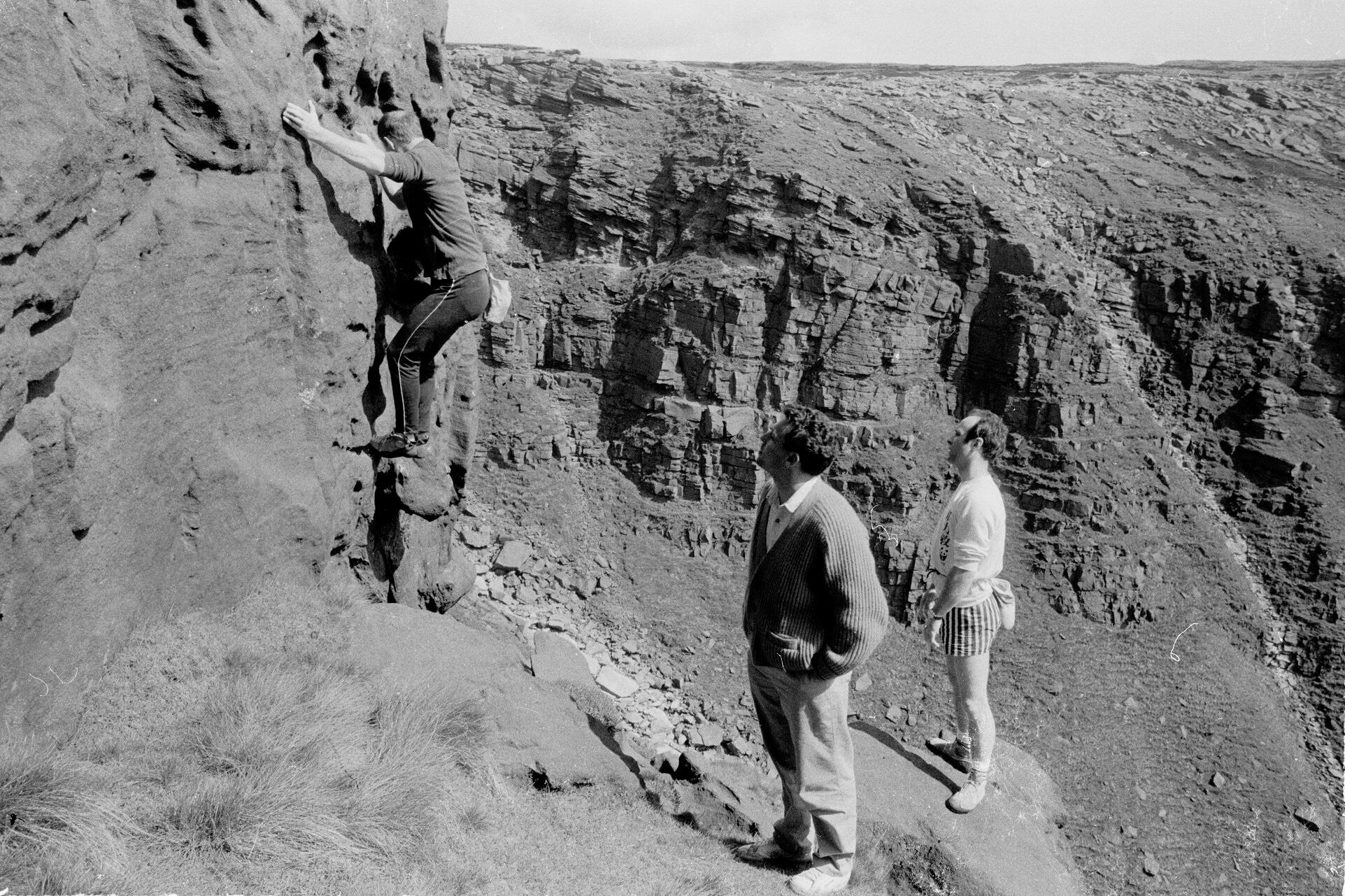 John climbing at Kinder Downfall in 1989 with his brother Rob, Graham Hoey and his brother Alan Hoey (who took the photo).   © Alan Hoey