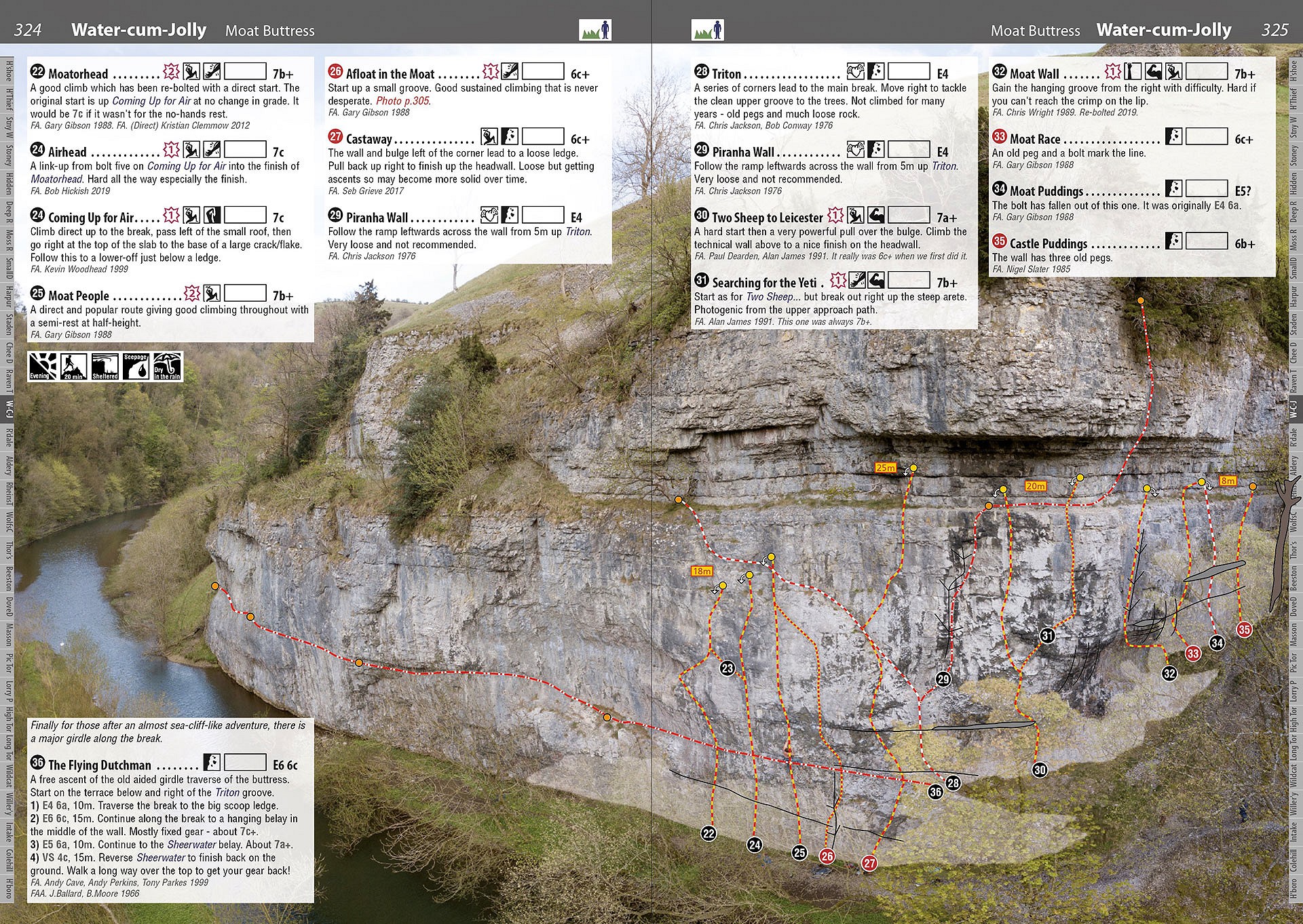 Peak Limestone Rockfax example page - Moat Buttress in Water-cum-Jolly  © Rockfax