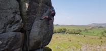 Claudia Sarner, very comfortable on Suspension Flake at Hound Tor.