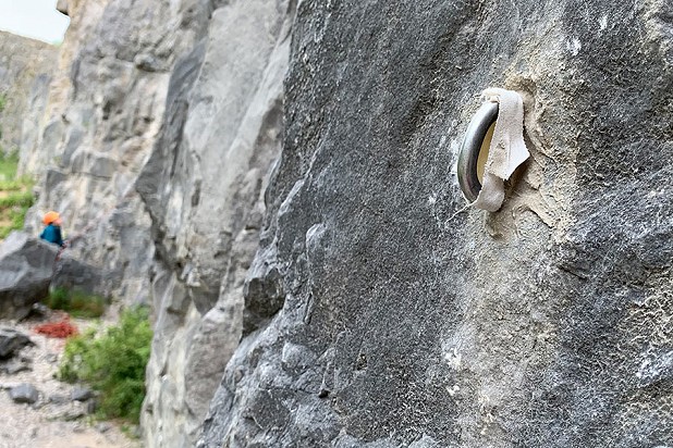 Tape indicating a route that should not be climbed  © Alan James