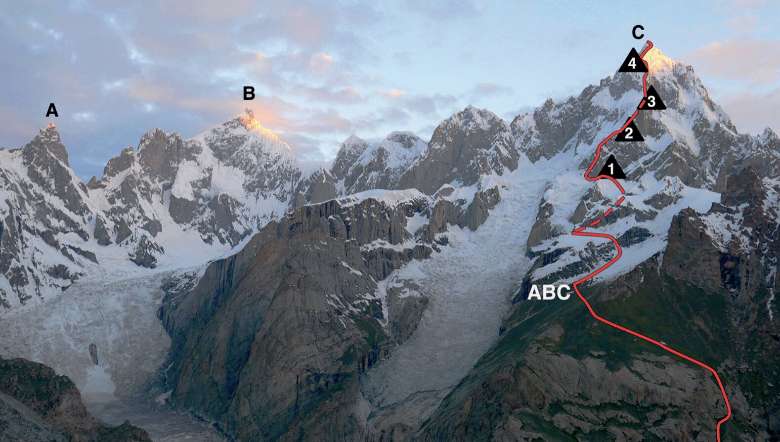 Link Sar (7,041m) from the southeast, showing the line of the 2019 ascent, advanced base camp, and bivouacs.   © Matteo Della Bordella / American Alpine Journal