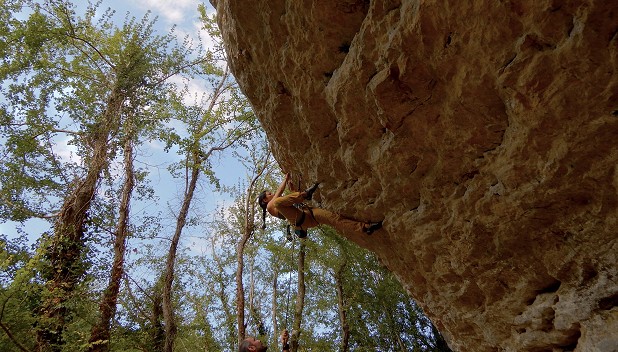 High-stepping sport climbing in the Dihedral Pant in Southern France  © Joby Gorilla