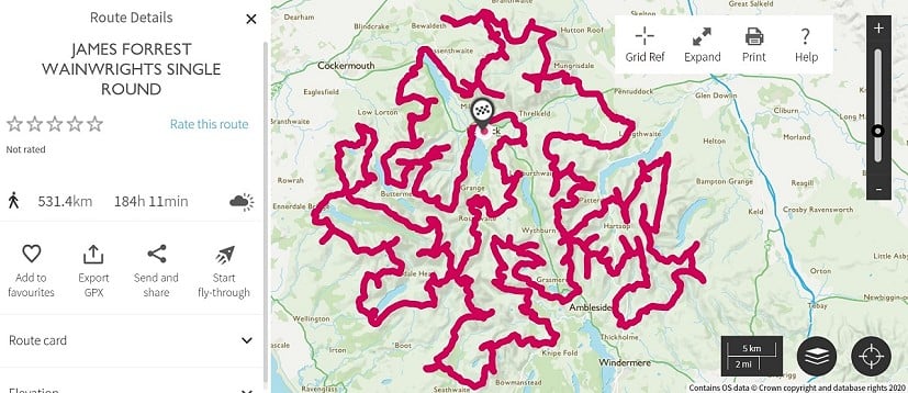 James Forrest's Wainwrights route - not exactly a direct line from A to B  © OS Maps