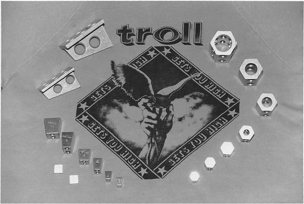 Early Troll T, Wedge and hexagon nuts on a Troll T shirt designed by Bruce Mills, another Rimmon lad.  © Tony Howard Collection