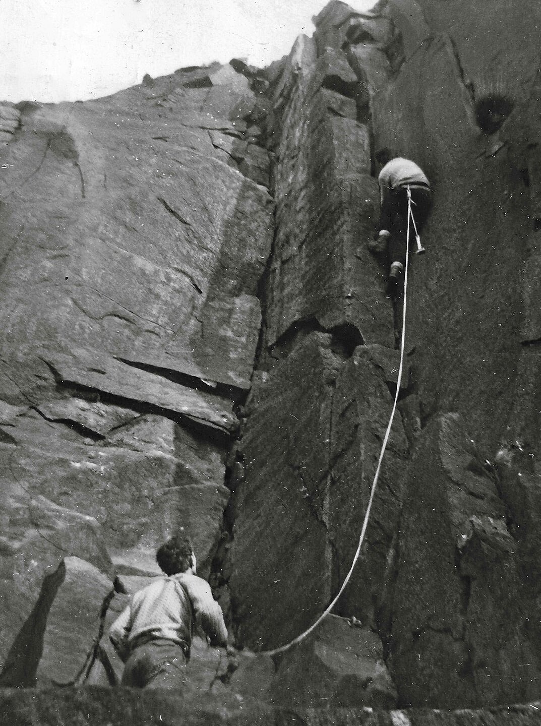 Brian Hodgkinson with Alan Baker on Candlestickmaker, Dovestones Quarry.  © Tony Howard Collection
