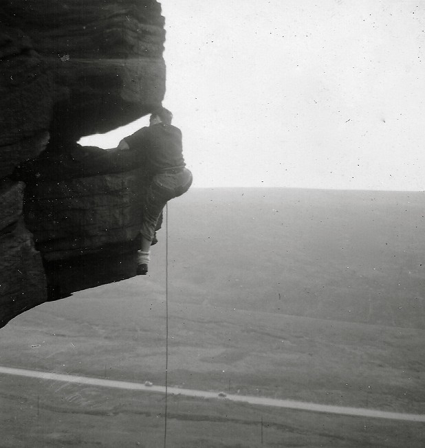 Tony Howard on the first ascent of The Minotaur, Pule Hill. No cams for wide cracks back then!  © Tony Howard Collection