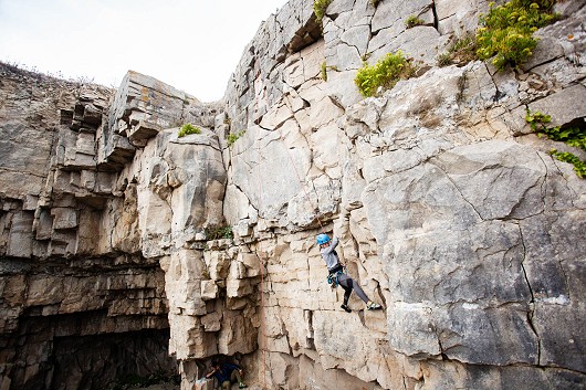 Kat on the ascent of Birthday Treat, Winspit. August 2020  © Ted lamb