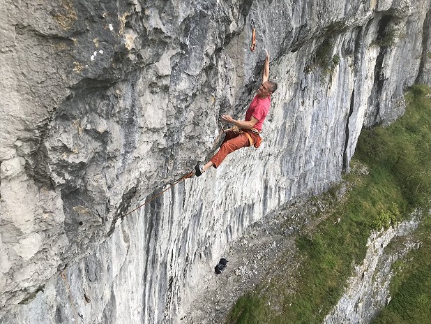 Steve McClure making the first ascent of Fixation 8c+.  © Neil Gresham