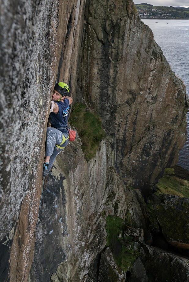 Robbie Phillips making the third ascent of Achemine E9 6c.   © Michael Cassidy