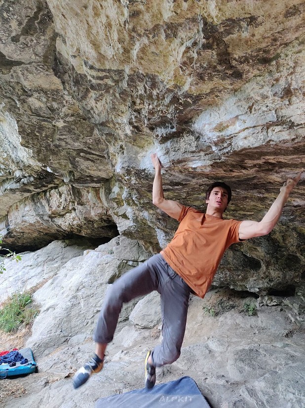 Billy cutting loose after the crux slap on Keen Roof (Font 8B)  © Billy Ridal Collection