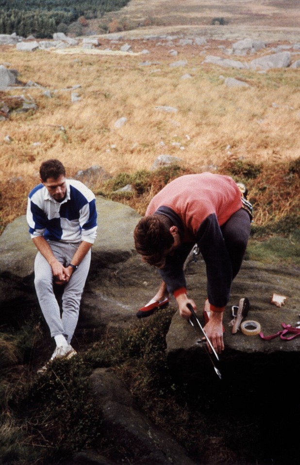 1988: modifying the pegs for Braille Trail.  © Rich Heap