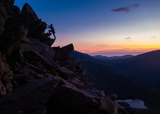 Having a sunset play on the North ridge of Tryfan after a successful day on Grooved Arete.   © Jake Webb