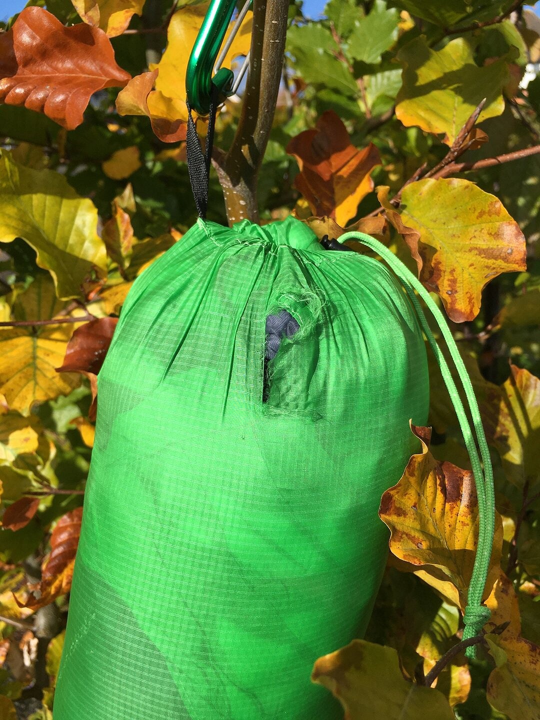 Tension on the stuff sack means the outer is vulnerable to rubbing through when racked on a harness  © UKC Gear