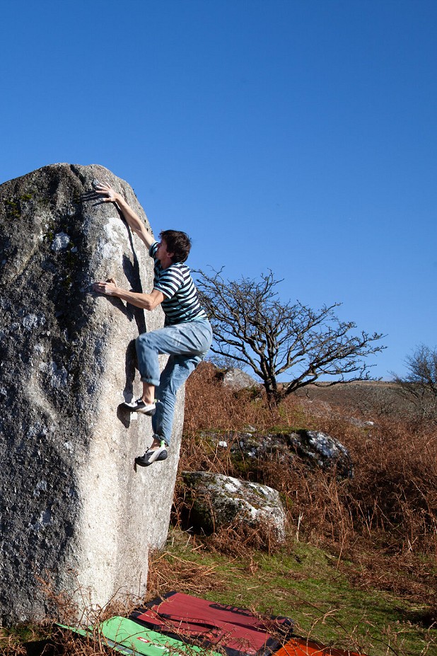 Testing out the Hiangle on the world's sharpest rock at Combeshead Tor, Dartmoor  © UKC Gear