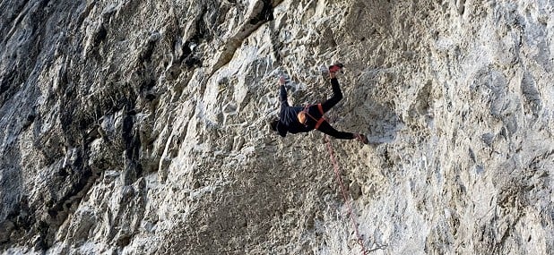 Toby Roberts on the crux of Rainshadow 9a.   © Tristian Roberts