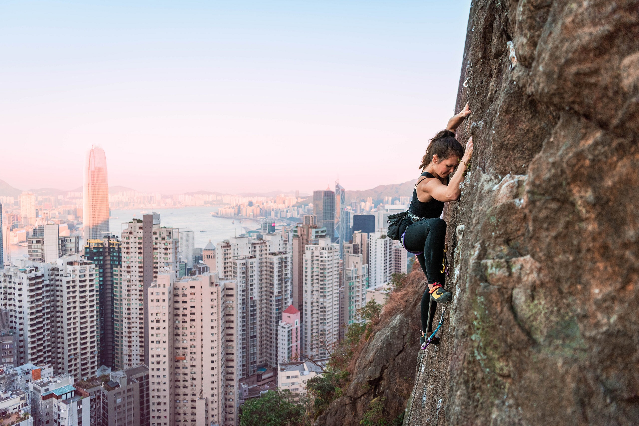 Jen Shirlaw on Peel Street as the sun starts to set, Central Crags, Hong Kong  © Claire Clifton Coles