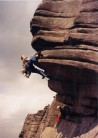 These VDiffs are a bit tricky: Paul Boardman off-route for Flying Buttress (VDiff) but OK for the Direct (HVS 5b), Stanage