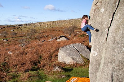 Penny Orr on the superb Hanging Flakes at Combeshead Tor  © Rob Greenwood - UKClimbing