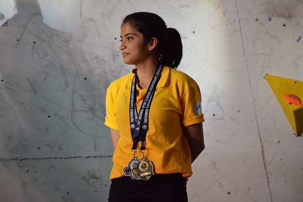 Prateeksha, 2018 Nationals in Bangalore. 2x Gold in Lead and Boulder, Silver in Speed.  © Prateeksha Arun