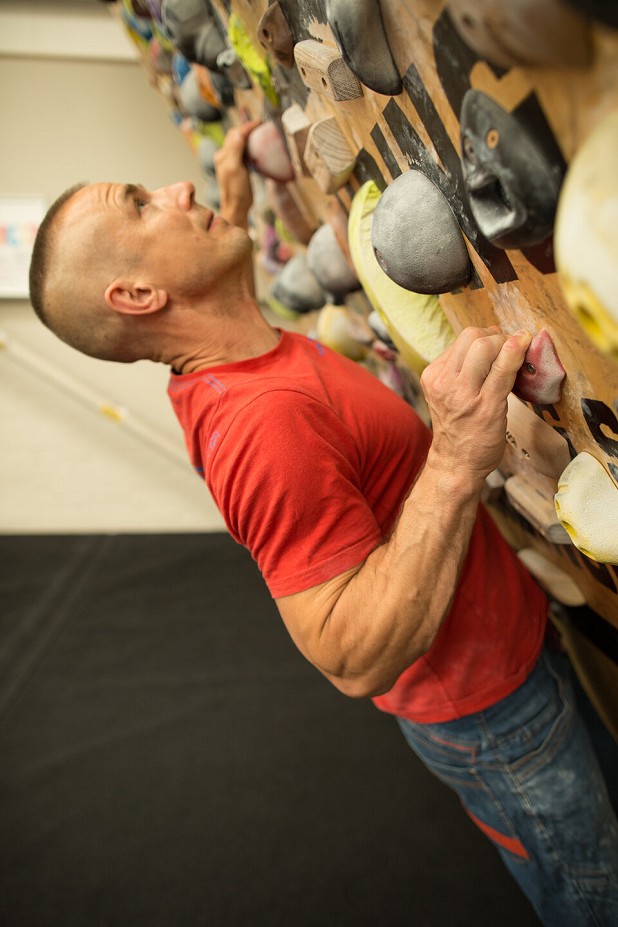 Caption: Be aware of your elbows when making deep lock-offs on small holds.  © Nick Brown - UKC