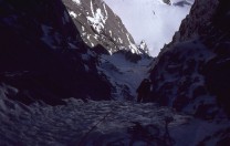 The upper pitches of the couloir on the first winter ascent in 1974
