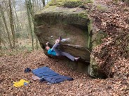 Delicieux. 7a+/b. David Cross. Bouldering in the Forest of Dean.