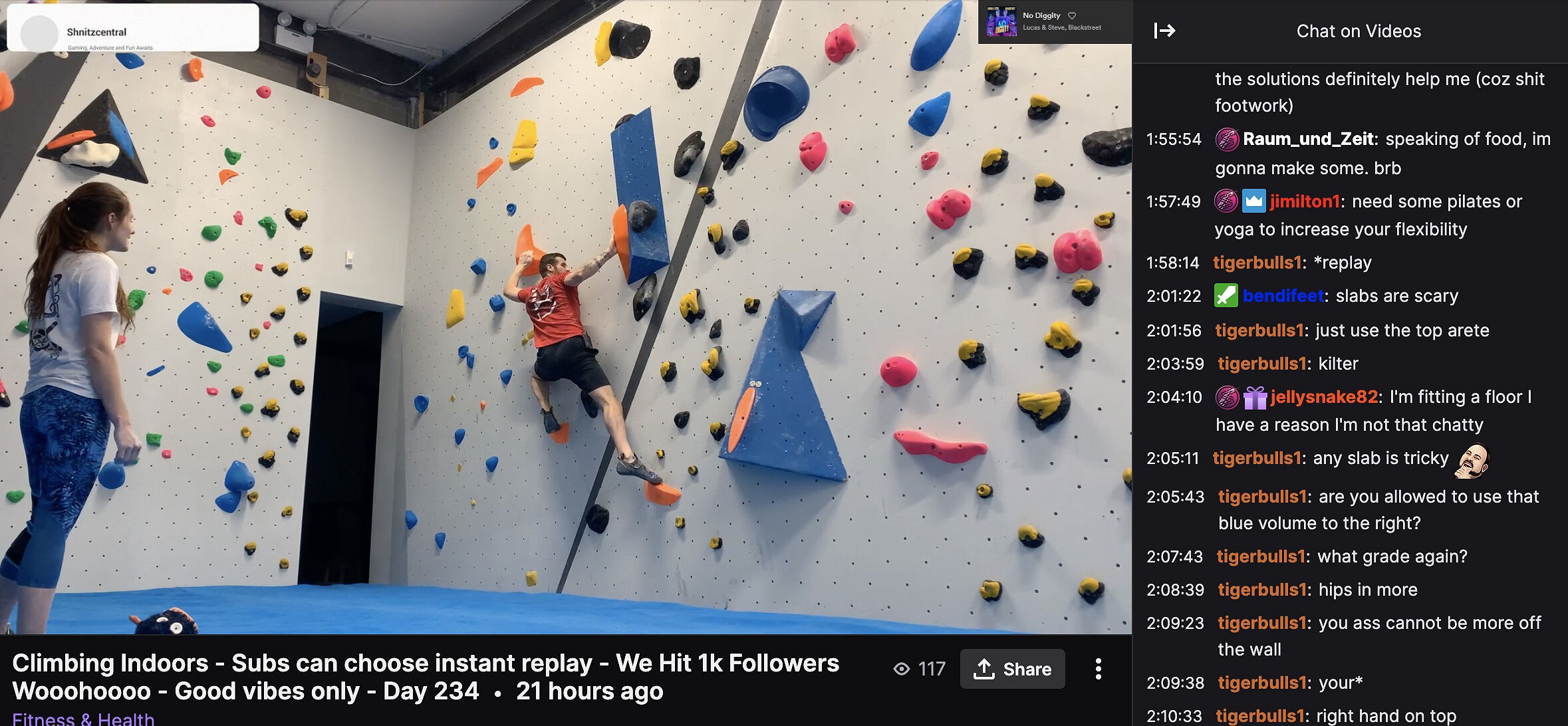 Dale and Charlotte climbing, with some advice from viewers entering the chat.  © ShnitzCentral