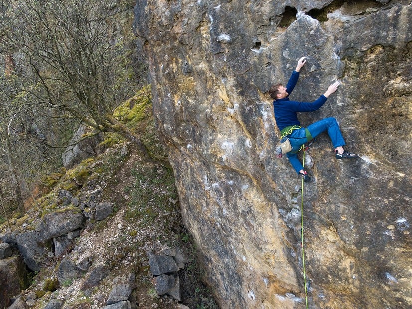 It's easy to get your hips close to the wall in the Mania Jeans. I'm also using the Ocun On-sight rope here.  © UKC Gear