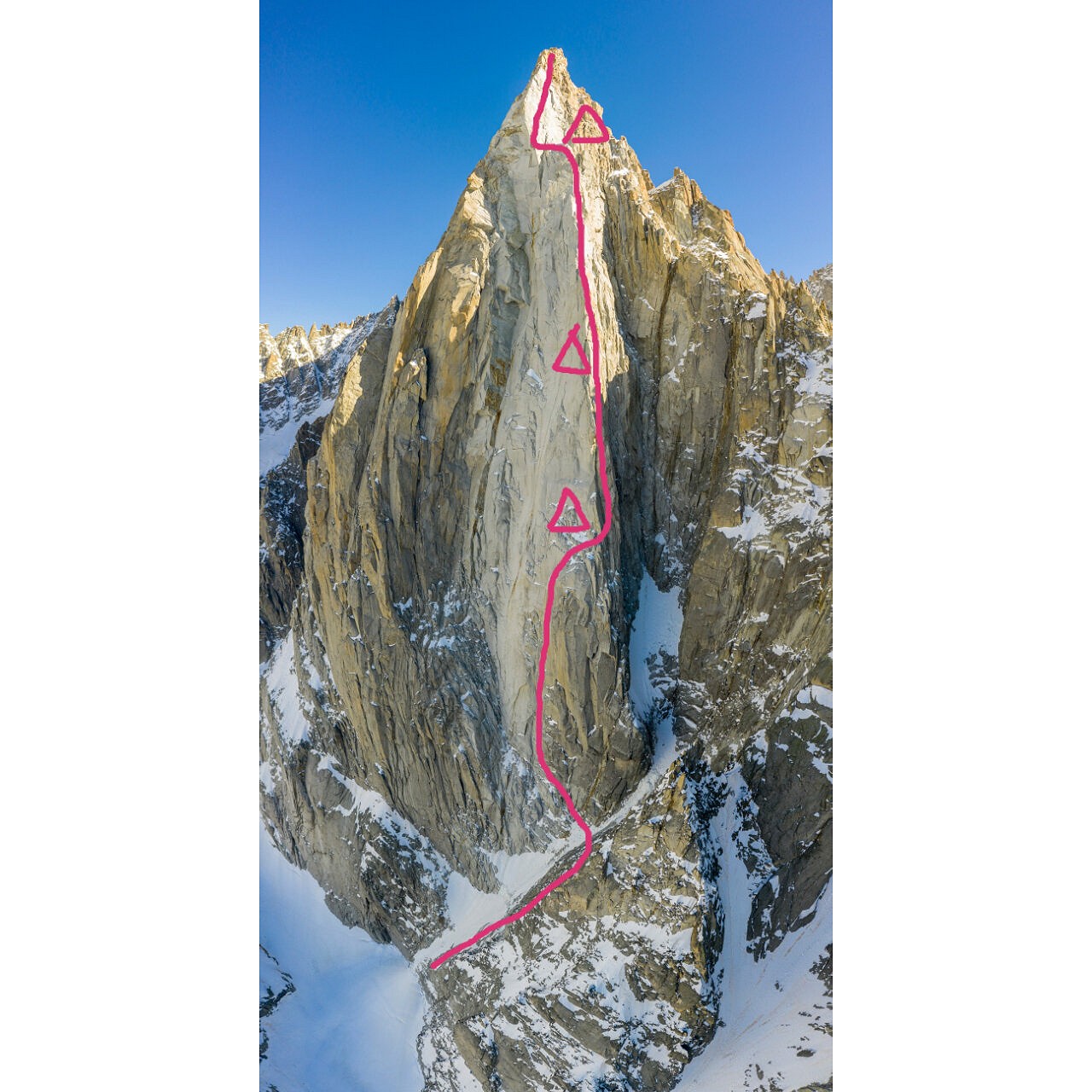 Line climbed by Will Sim and Korra Pesce on the SW Face, incorporating the Voie des Papas and the former Bonatti Pillar area.  © Chris Bonington