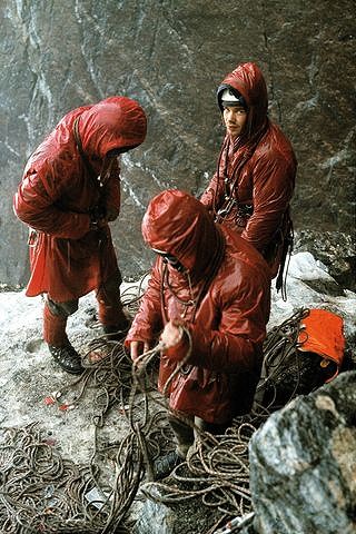 Bad weather on the Troll Wall, 1965. Tony Howard, Bill Tweedale and Tony Nicholls.