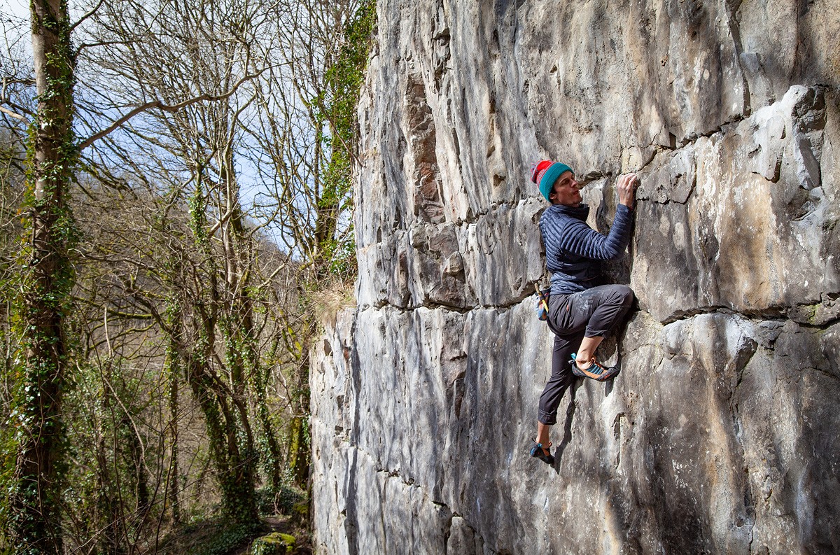 Endlessly traversing Minus Ten at Stoney Middleton, early in the season, on a particualrly cold/bright day  © UKC Gear