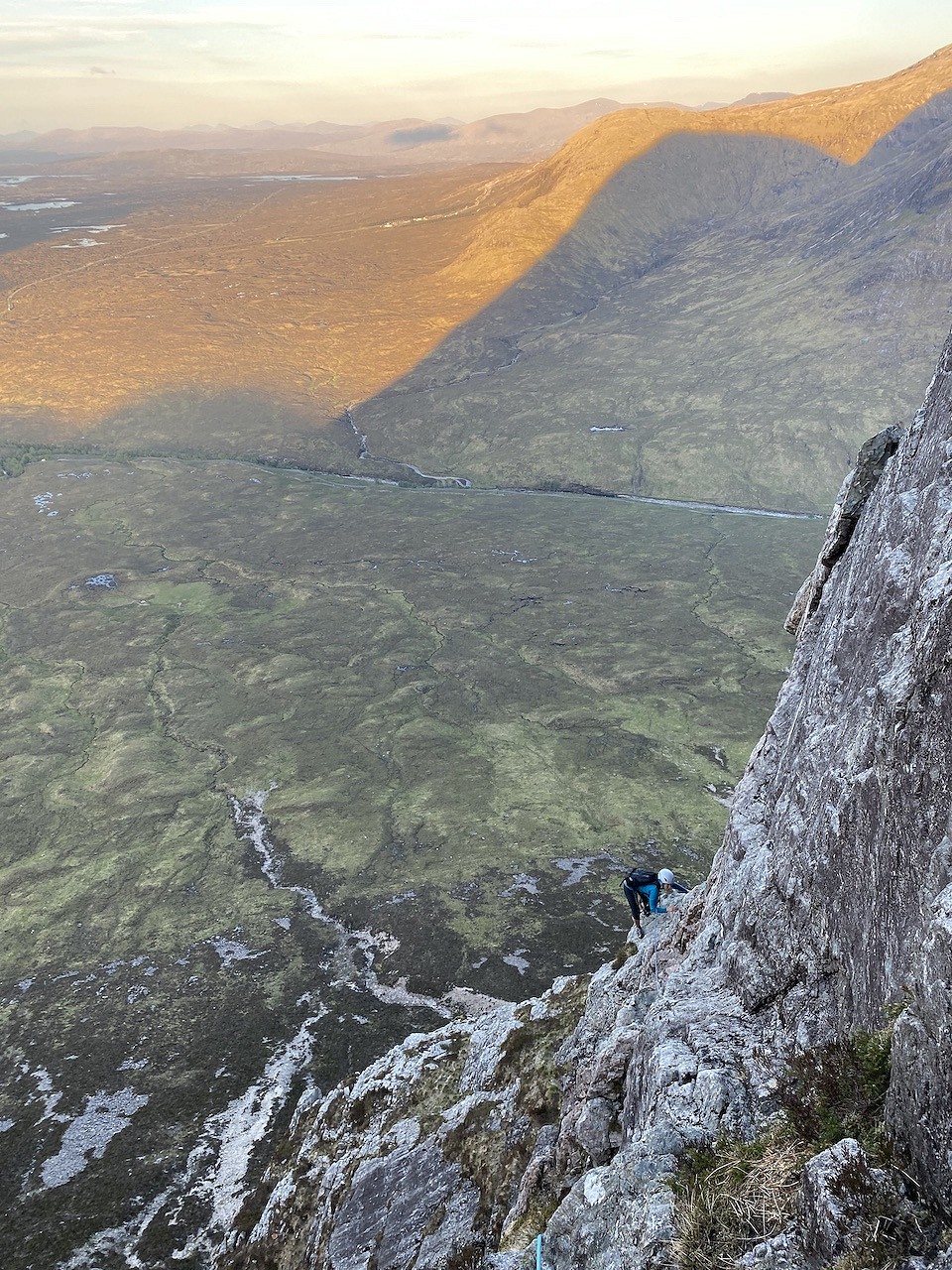Feeling the exposure, high above Rannoch Moor on North Face Route, Buachaille Etive Mor.  © Keri Wallace