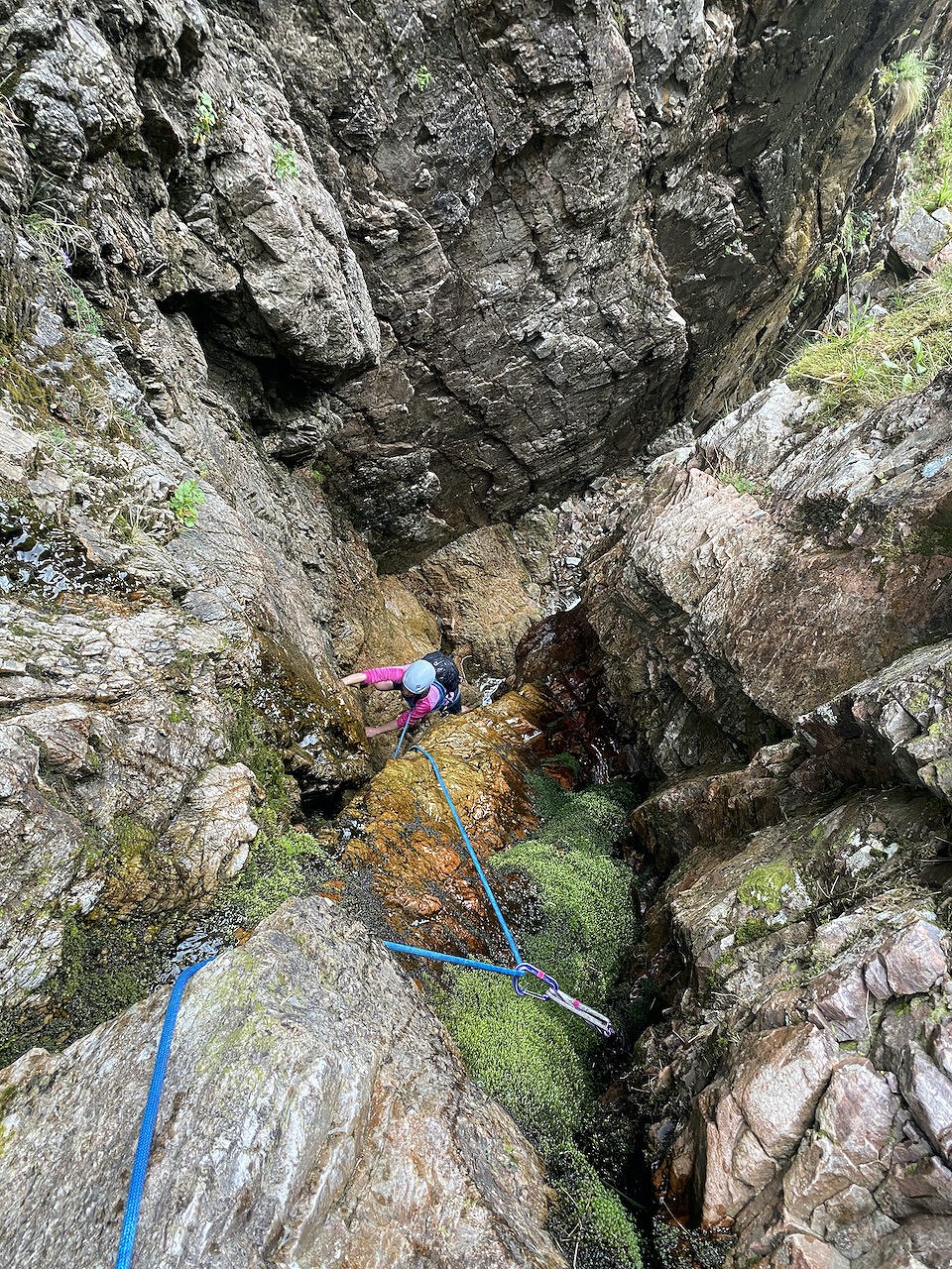 Even in warm dry conditions, it is impossible to stay dry in the Clachaig Gully.  © Keri Wallace