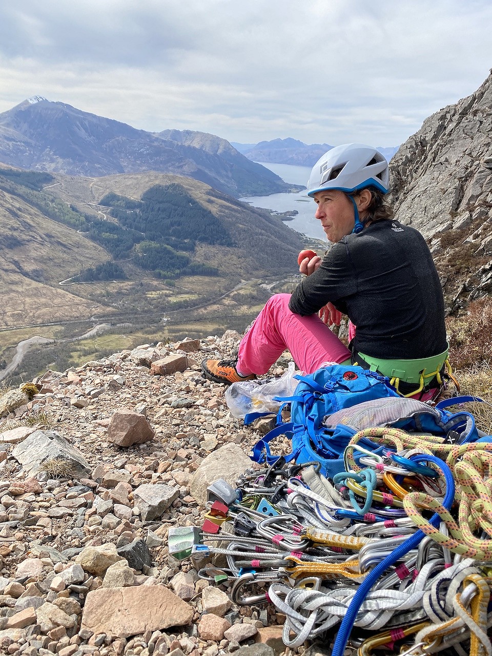 Contemplating the feasibility of the Glencoe Classic Rock link-up after an earlier recce of Clachaig Gully.  © Keri Wallace