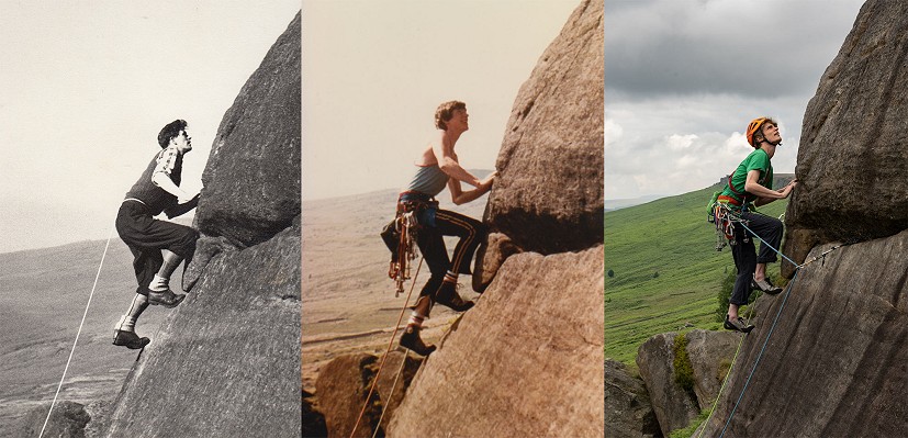 Wall End Slab at Stanage. Mike James (aged 20, 1955), Alan James (aged 20, 1984), Sam James-Louwerse (aged 24, 2021)  © Alan James - Rockfax