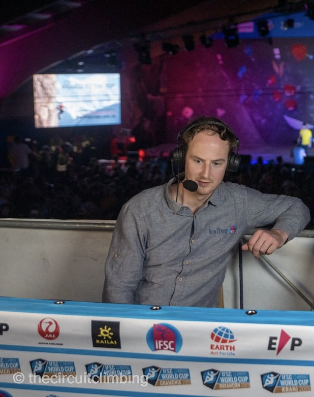 Mike Langley commentating for the IFSC in Meiringen.  © The Circuit Climbing