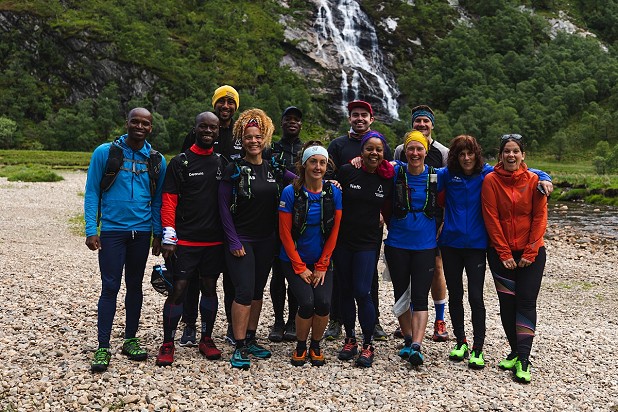 This challenge was a real team effort. Here guides and film crew are pictured with the runners at Steall Falls  © inov8 - Black Trail Runners - Johny Cook