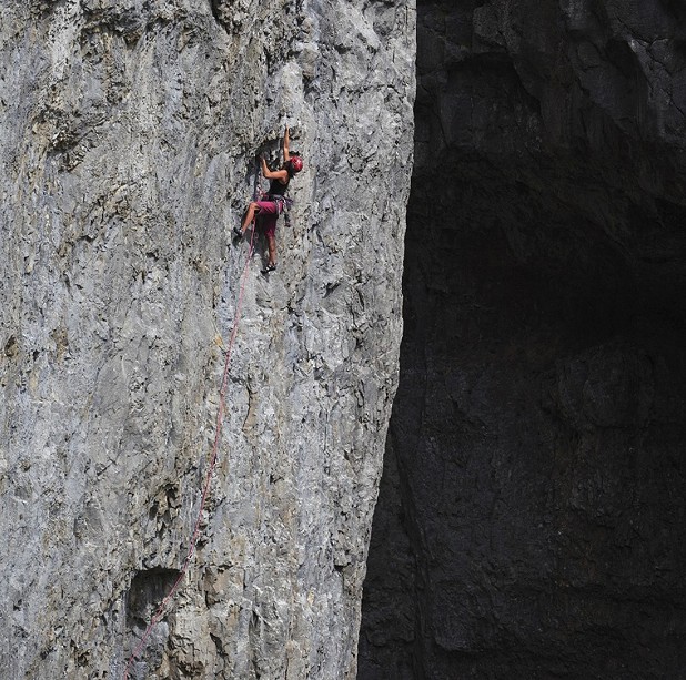 Naomi Buys on Face Route at the magnificent Gordale  © Mike Hutton